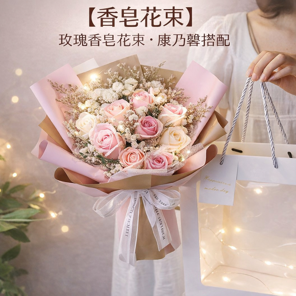 台灣現貨【香皂玫瑰花束】肥皂花不凋謝送禮花束 6朵7朵9朵11朵19朵 提袋燈串組合 生日禮物