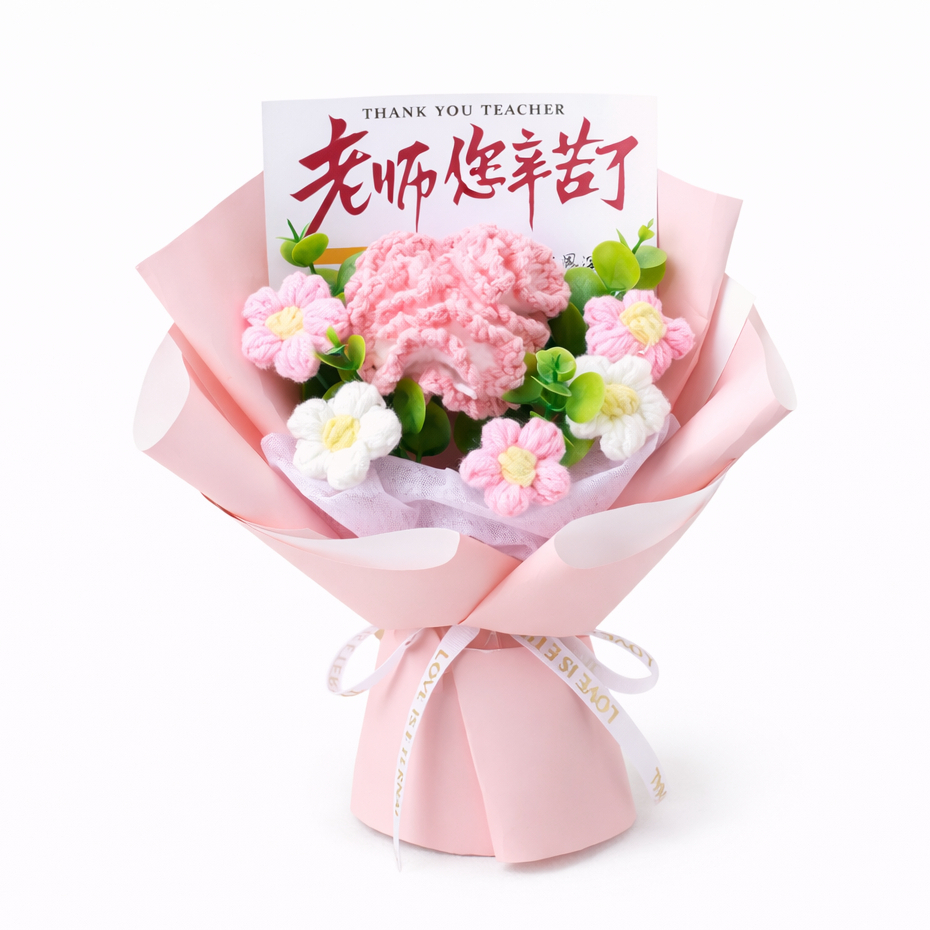 台灣現貨【康乃馨針織花束】25cm粉紫香檳康乃馨毛線花束 送老師畢業禮物 閨蜜送禮 櫥窗提袋燈串 畢業花束 生日禮物