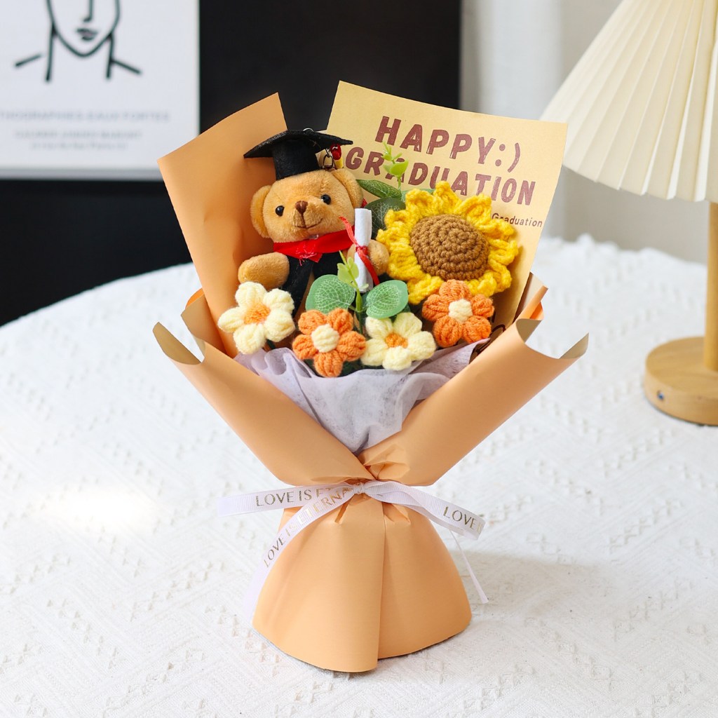 30cm向日葵雛菊（坐姿畢業棕熊｜香檳）,純花束（無禮盒／無燈串）