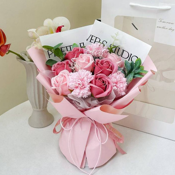 30cm10朵粉玫瑰康乃馨花束,純花束（無提袋／無燈串）