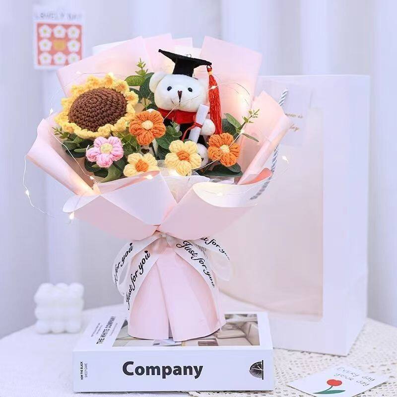 30cm針織向日葵＋博士熊（粉色）,純花束（無提袋／無燈串）