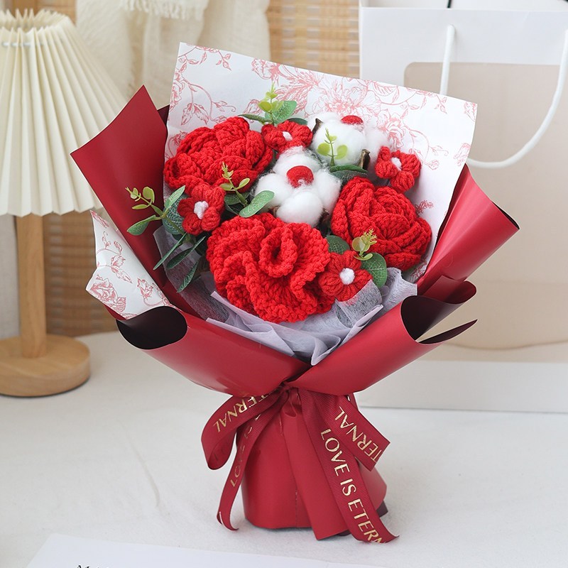 35cm五朵康乃馨玫瑰棉花雛菊花束(紅),純花束（無提袋／無燈串）