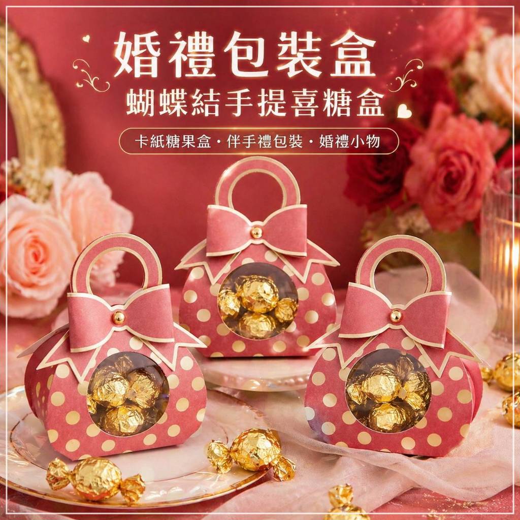 台灣現貨【手提喜糖盒】蝴蝶結卡紙糖果盒 透明開窗婚禮派對回禮包裝 伴手禮小物收納 需組裝 包裝材料