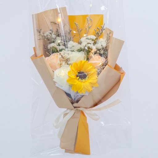 台灣現貨【向日葵玫瑰花束】25cm藍色香檳混搭花禮 情人節生日畢業送禮 透明提袋燈串 畢業花束 謝師禮物 生日禮物