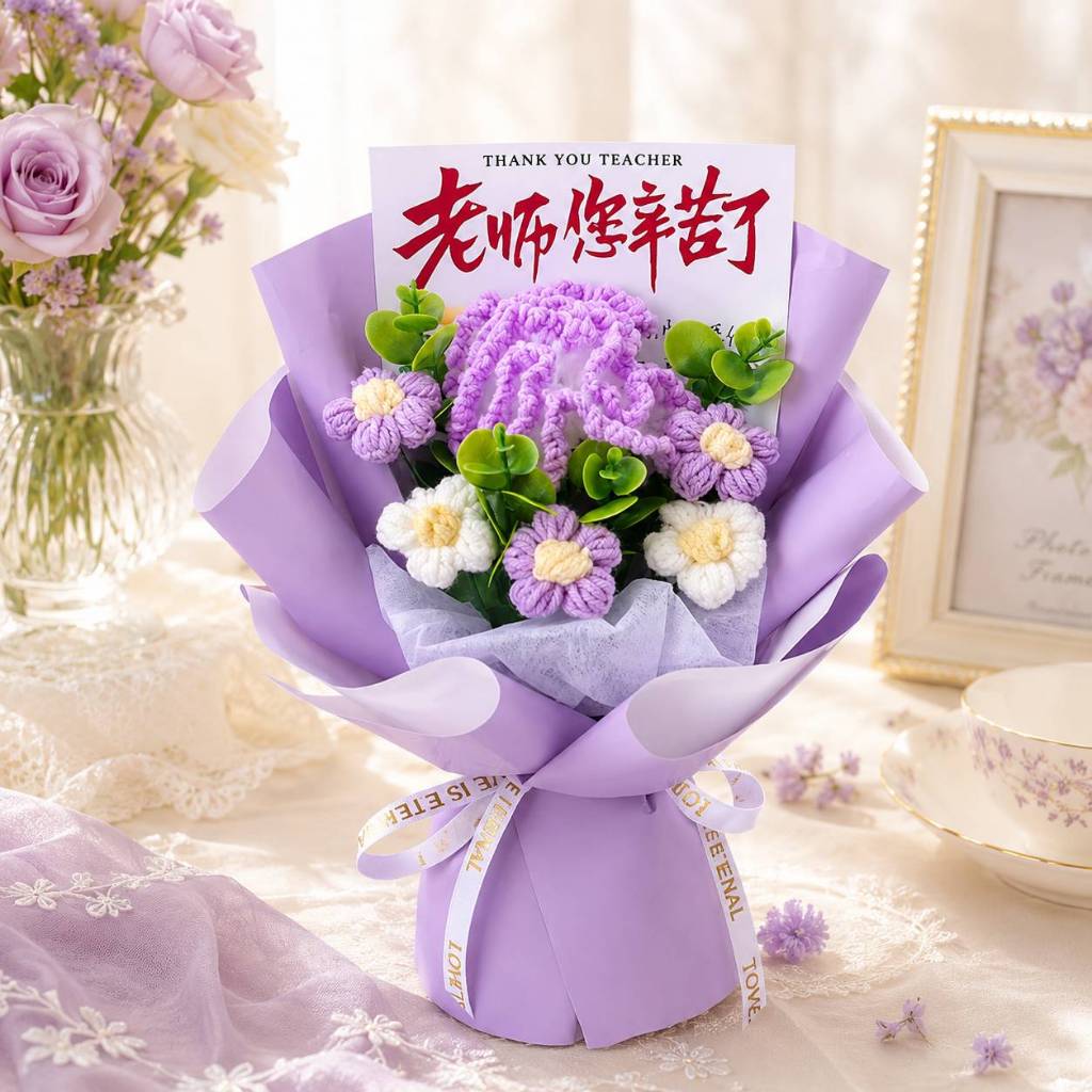 台灣現貨【康乃馨針織花束】25cm粉紫香檳康乃馨毛線花束 送老師畢業禮物 閨蜜送禮 櫥窗提袋燈串 畢業花束 生日禮物