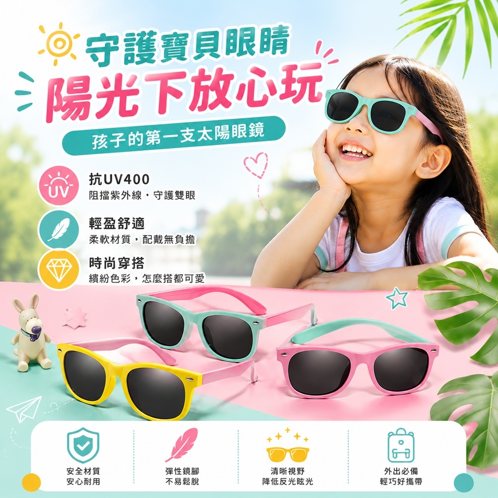 SOMNIUMBEBE 兒童用UV太陽眼鏡 + 硬殼眼鏡盒 (藍粉 /薄荷粉)