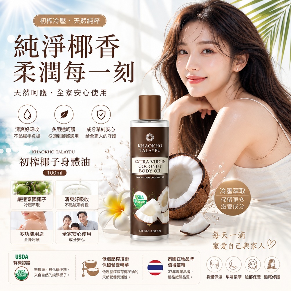 泰國 KHAOKHO TALAYPU 初榨椰子身體油 100ml