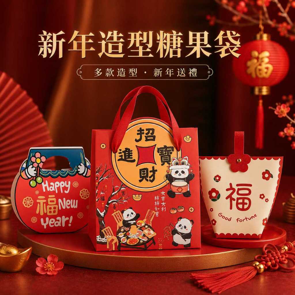 台灣現貨【新年造型糖果袋】新年糖果袋, 春節糖果袋, 新年禮袋, 福袋, 紅色紙福袋, 熊貓手提袋, 新年包裝袋, 糖果