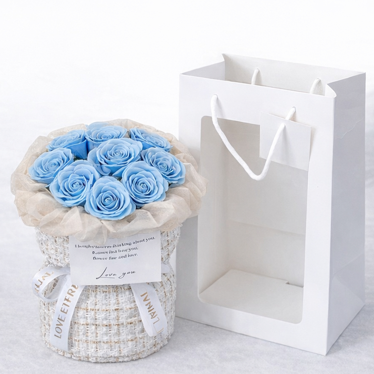 台灣現貨【仿真玫瑰花束】9朵永生風禮袋花束 情人節禮物 生日禮物拍照花束 居家佈置告白驚喜花禮