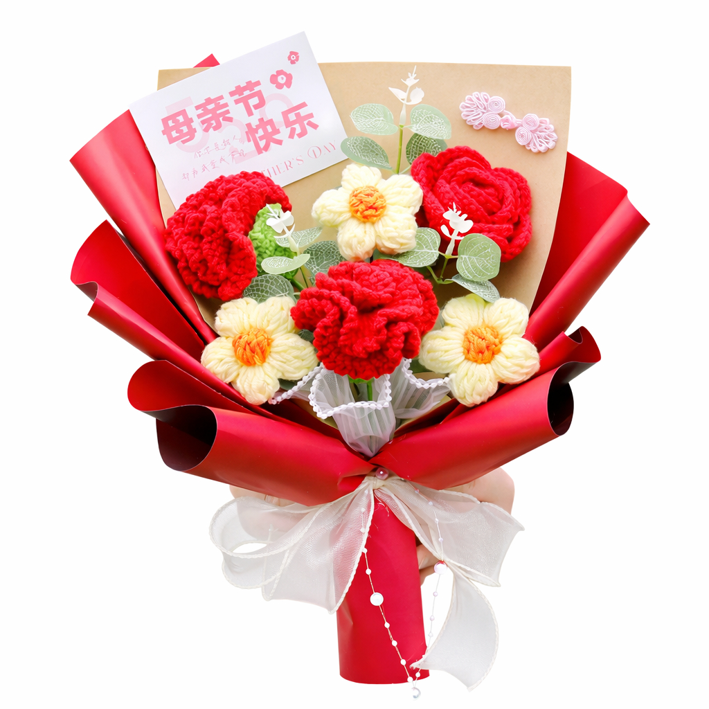 台灣現貨【針織康乃馨花束】35cm六朵康乃馨玫瑰雛菊花束 母親節花束 生日禮物 拍照花束花禮