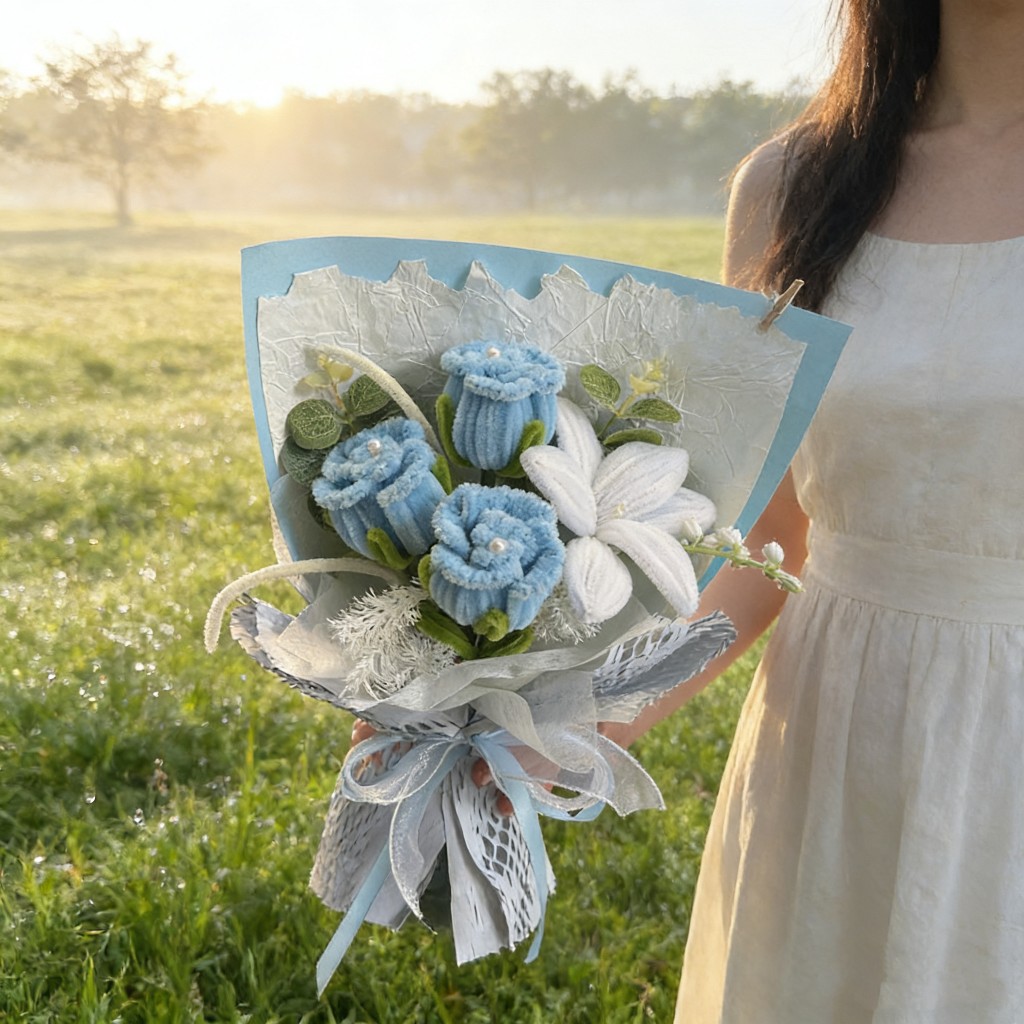 40cm扭扭棒玫瑰百合花束（藍色玫瑰）,純花束（無提袋／無燈串）