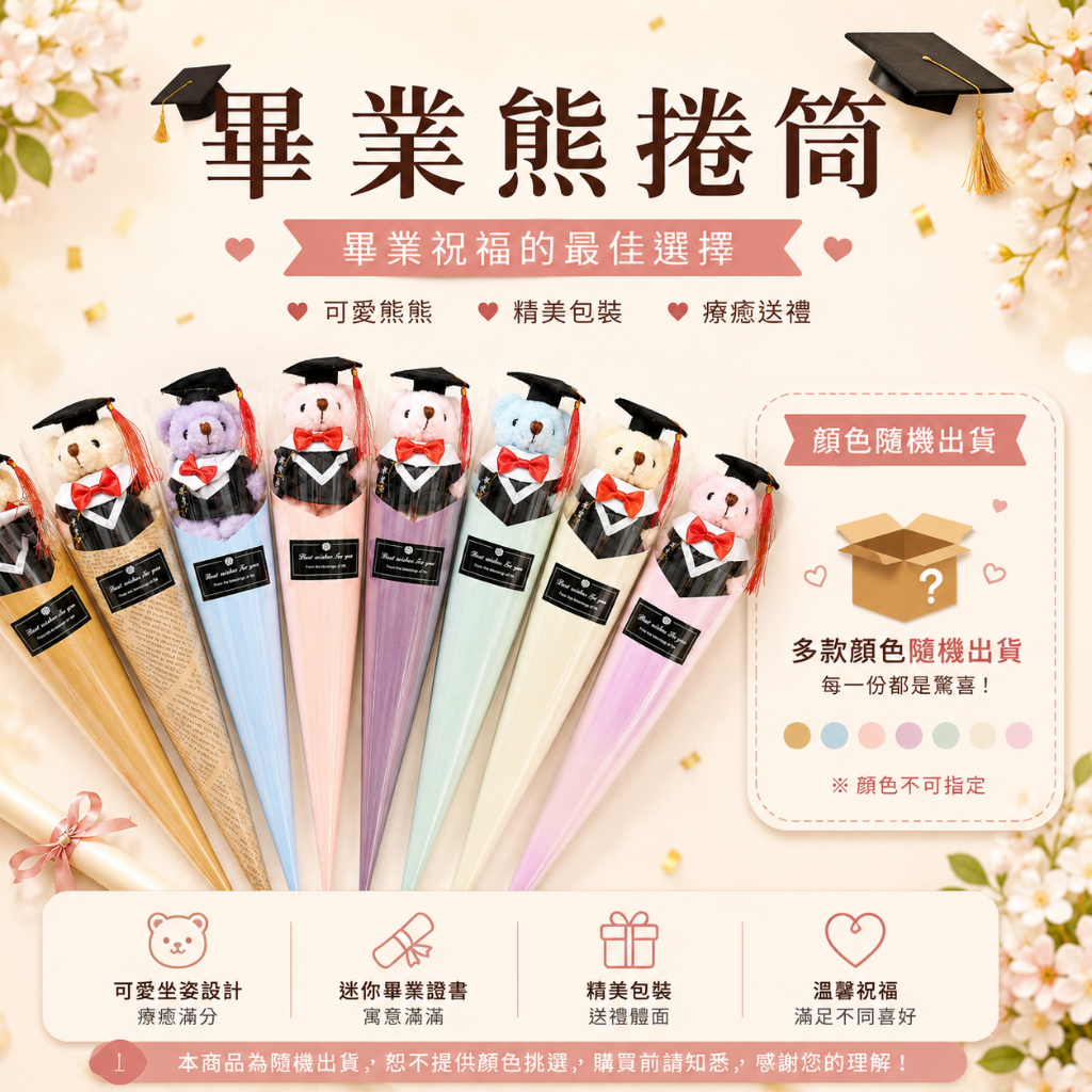 台灣現貨【畢業熊捲筒】35~40cm畢業熊坐姿熊隨機色捲筒花束包材 畢業季送同學禮物 包裝材料 拍照送禮