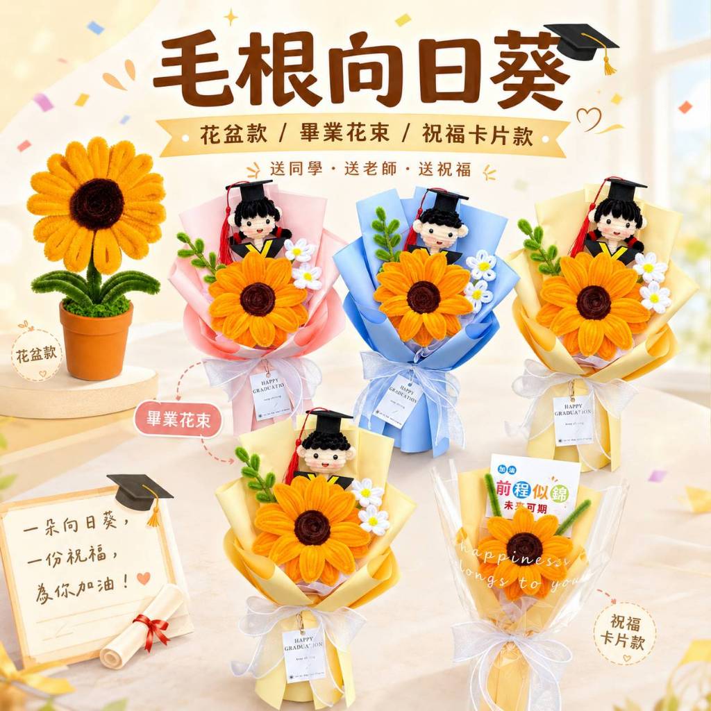 台灣現貨【毛根向日葵花禮】15cm小土盆30cm畢業女孩男孩前程似錦祝福花束 畢業季生日送禮 台灣現貨