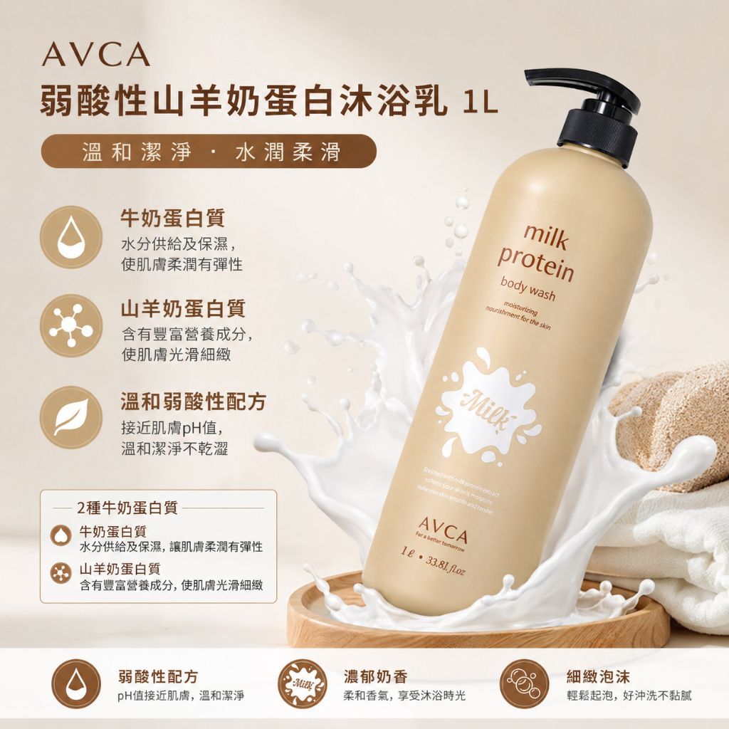 AVCA 弱酸性山羊奶蛋白沐浴乳 爽身粉香 1L
