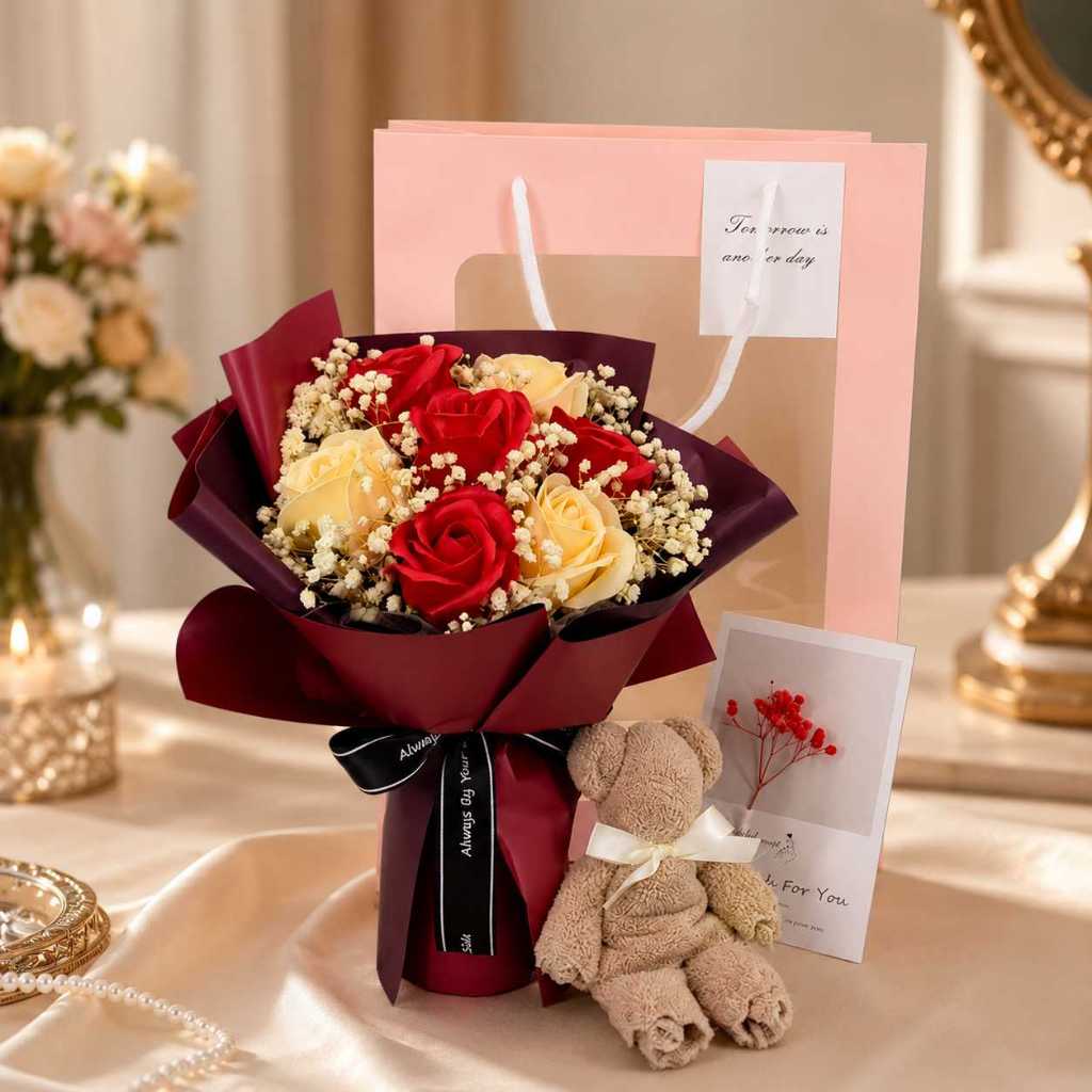 台灣現貨【7朵玫瑰花束】30cm玫瑰花束, 7朵玫瑰花束, 香檳紅玫瑰, 漸變藍玫瑰, 雙色粉玫瑰, 薔薇粉玫瑰, 情人