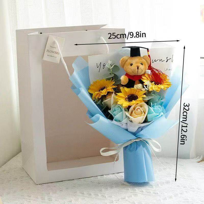 30cm香皂向日葵花束+畢業熊(藍色),純花束（無提袋／無燈串）