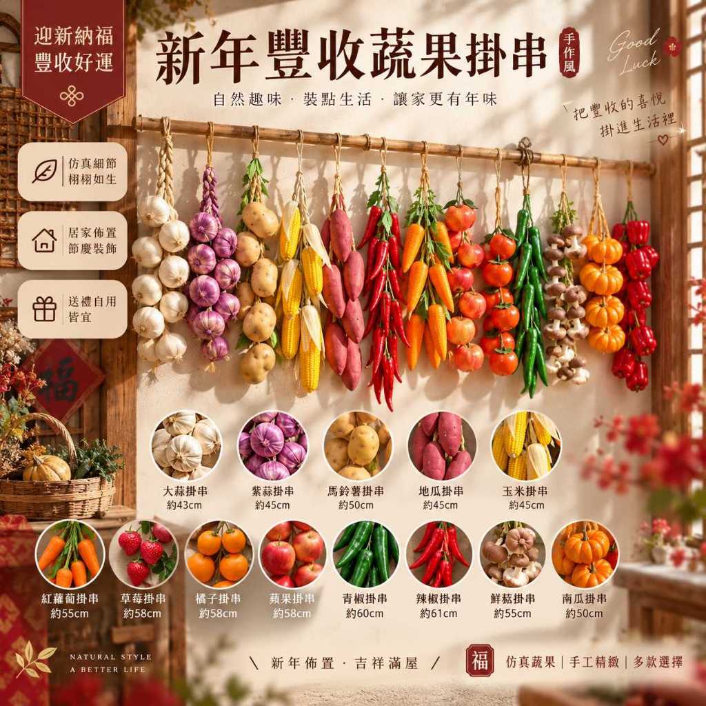 台灣現貨【新年豐收蔬果掛串】新年蔬果掛串, 仿真蔬果串, 仿真蔬菜串, 仿真水果串, 仿真玉米串, 仿真辣椒串, 仿真大