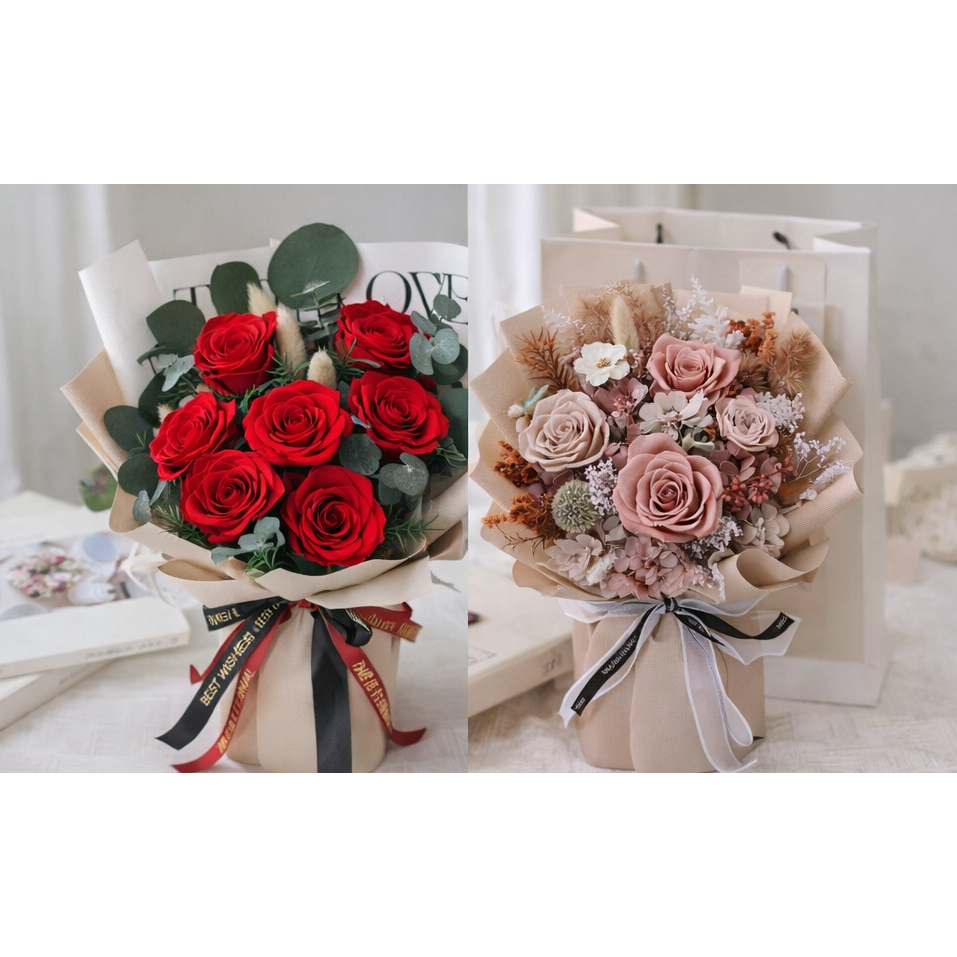 台灣現貨【永生花束】30cm永生花束 禮袋燈串 生日情人節送禮 告白擺飾居家花禮 情人節花束 送女友 生日禮物