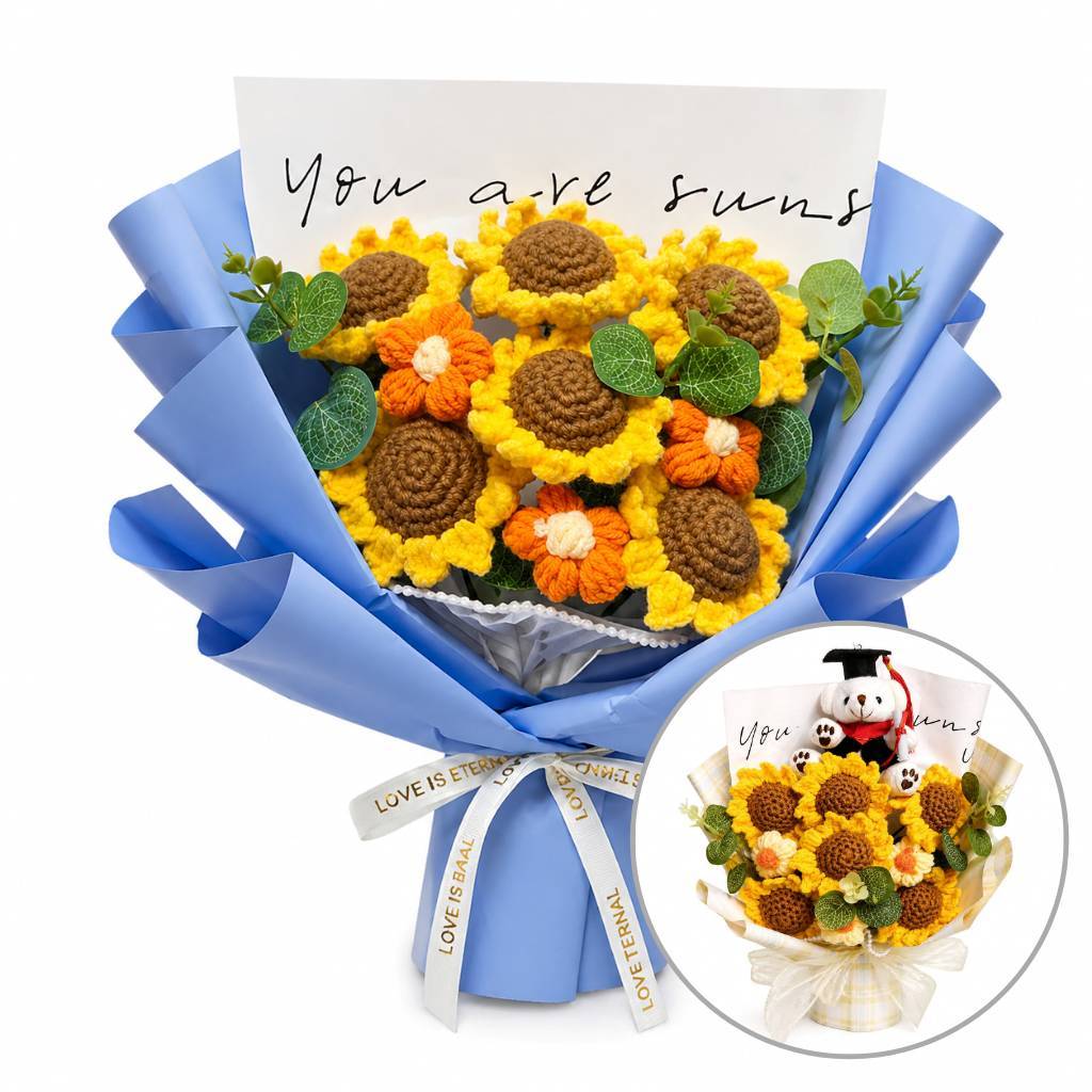【向日葵雛菊花束】35cm三朵六朵香檳格紋英文包裝祝福花禮 畢業季生日送禮 畢業坐熊提袋燈串可選