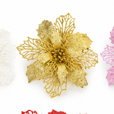 台灣現貨【鏤空聖誕裝飾花】亮粉花圈門松插花配件 10-13cm花朵 DIY手作 金銀紅粉白 花藝材料 花圈藤圈 聖誕佈置