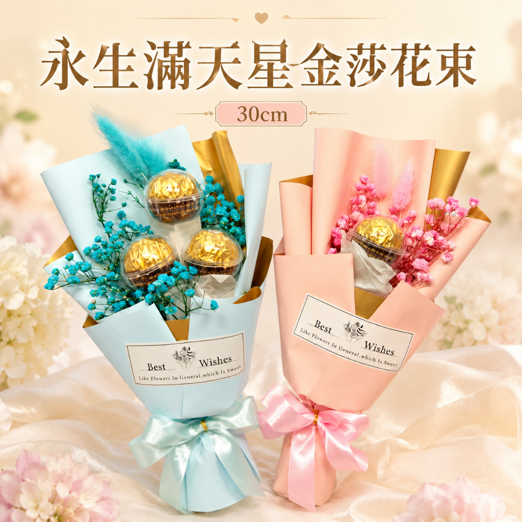 台灣現貨【永生滿天星金莎花束】30~35cm單顆三顆六顆球殼花禮 畢業花束 情人節花禮 生日送禮 畢業帽花束 畢業帽金莎