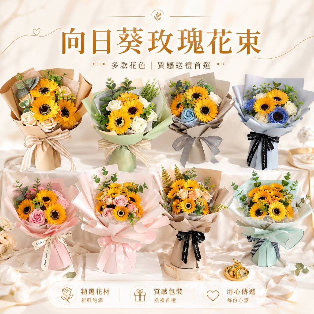 台灣現貨【向日葵玫瑰花束】30~45cm向日葵玫瑰混搭畢業花束 生日禮物 向日葵花束 玫瑰花束 仿真花束 畢業花束