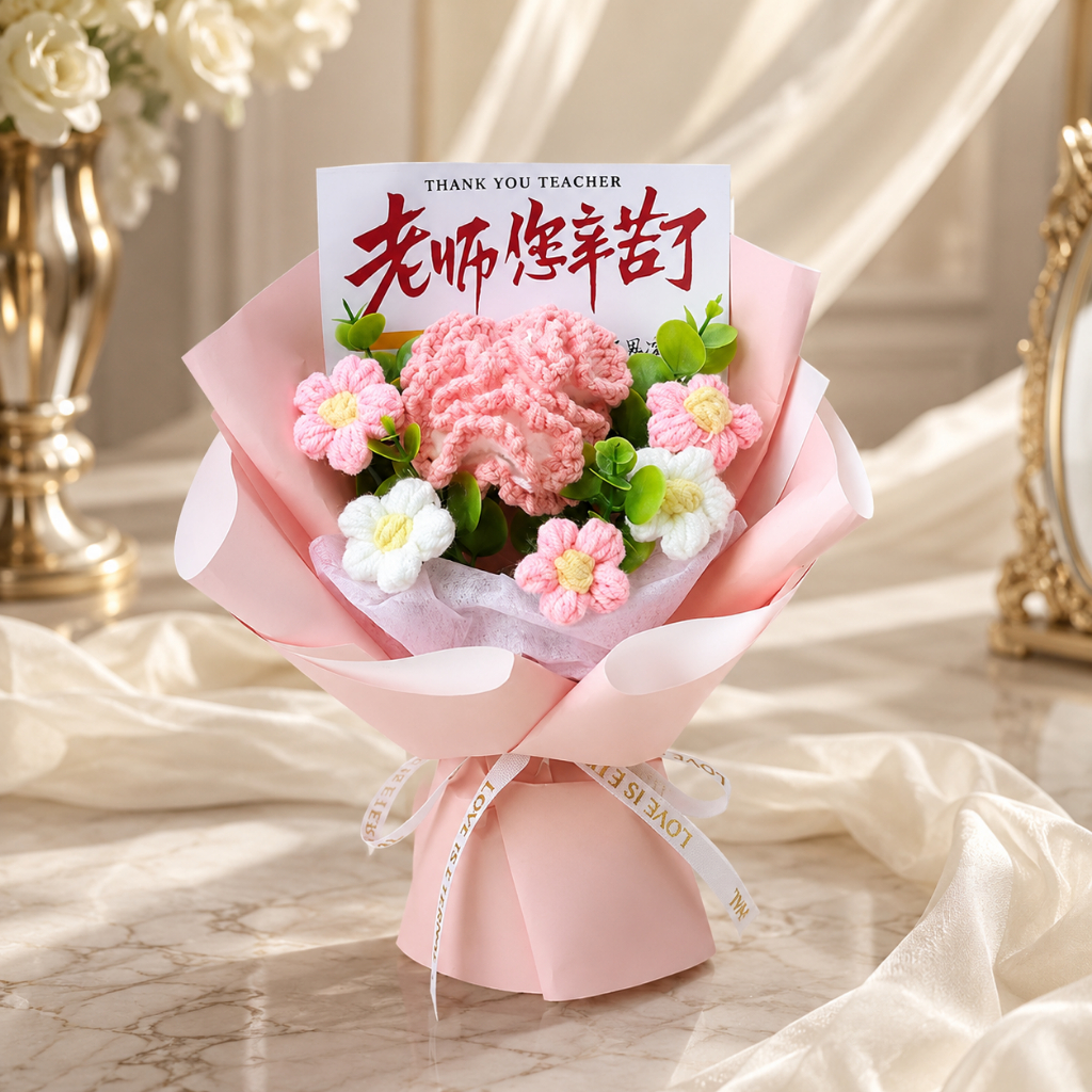 台灣現貨【康乃馨針織花束】25cm粉紫香檳康乃馨毛線花束 送老師畢業禮物 閨蜜送禮 櫥窗提袋燈串 畢業花束 生日禮物