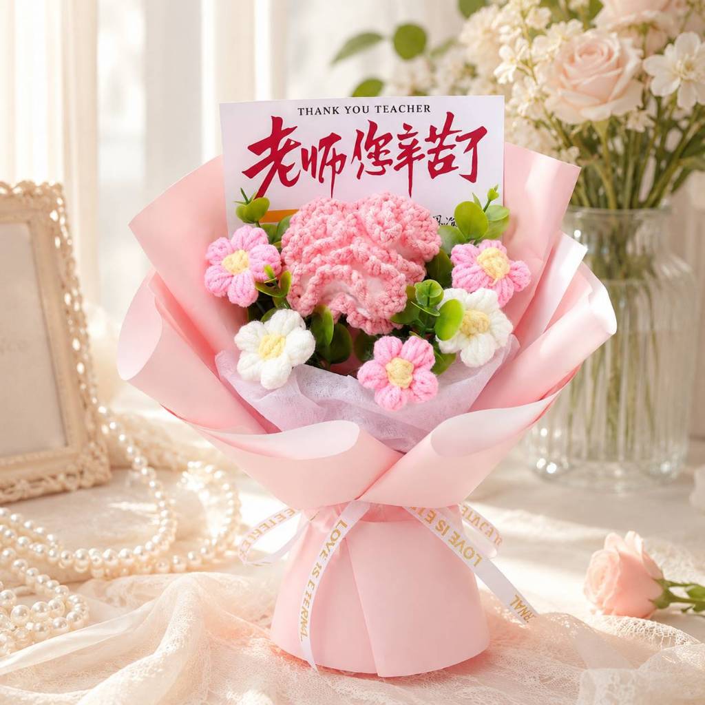 台灣現貨【康乃馨針織花束】25cm粉紫香檳康乃馨毛線花束 送老師畢業禮物 閨蜜送禮 櫥窗提袋燈串 畢業花束 生日禮物