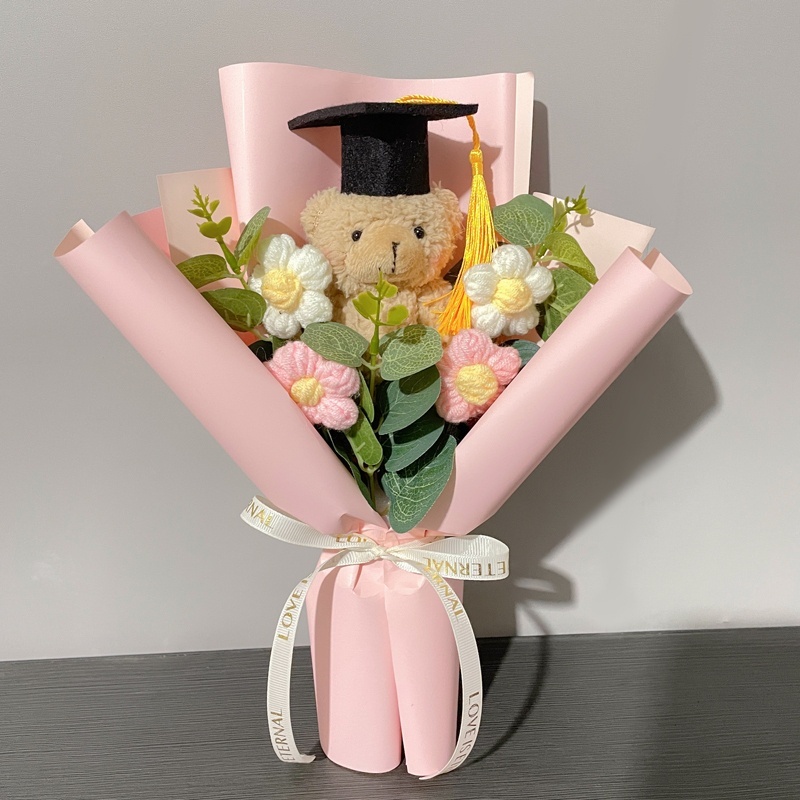 20cm小雛菊畢業熊(粉色),純花束（無提袋／無燈串）