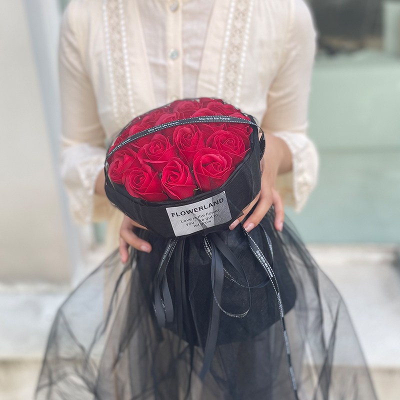 19 朵｜紅玫瑰花束(網紗黑色包裝),純花束（無提袋／無燈串）