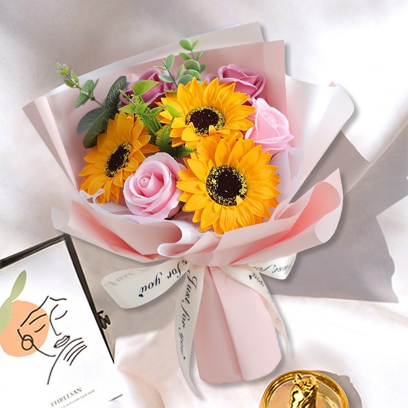 30cm向日葵/玫瑰（三黃向／粉色包裝）,純花束（無提袋／無燈串）
