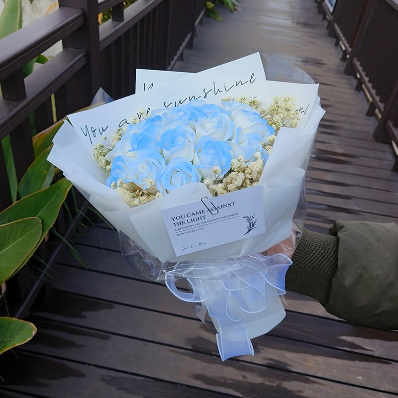 40cm19朵薔薇戀人（碎冰藍）,純花束（無提袋／無燈串）