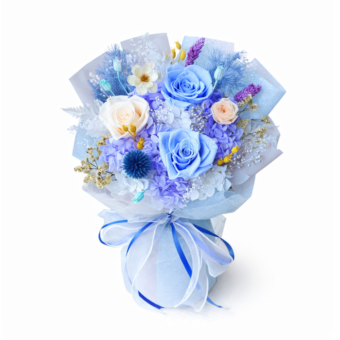 35cm4朵永生玫瑰花束（群青）,純花束（無提袋／無燈串）