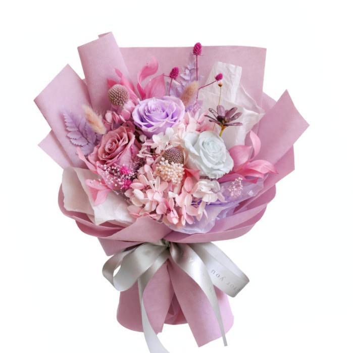 30cm3朵永生玫瑰花束（粉紫）,純花束（無提袋／無燈串）