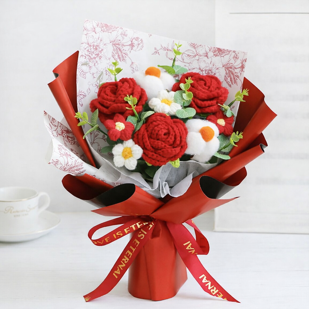 台灣現貨【針織玫瑰棉花花束】35cm紅粉紫藍韓系毛線花禮 情人節生日送禮 櫥窗提袋燈串可選 拍照打卡桌面擺飾
