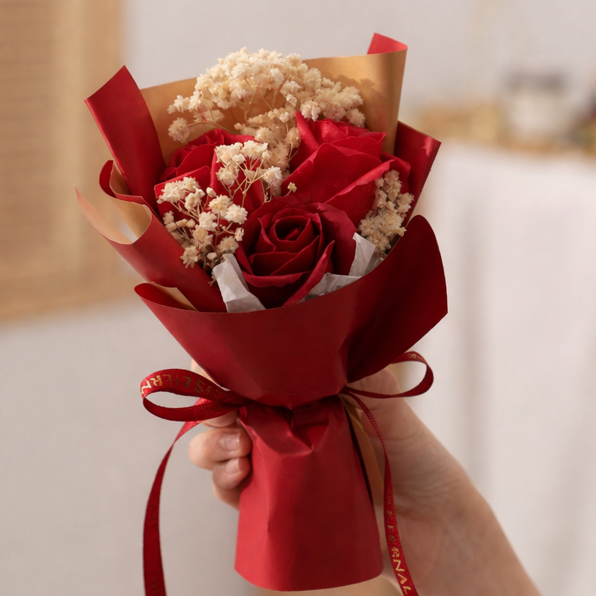 15cm3朵玫瑰滿天星花束（紅色）,純花束（無提袋／無燈串）