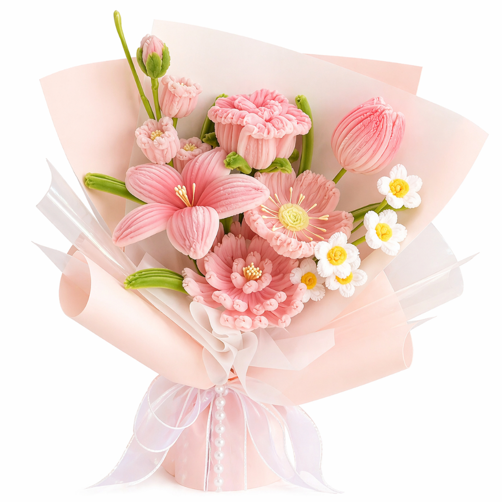 台灣現貨【毛根鬱金香花束】35cm粉色溫柔系花禮 母親節生日送禮 櫥窗提袋燈串可選 拍照打卡桌面擺飾