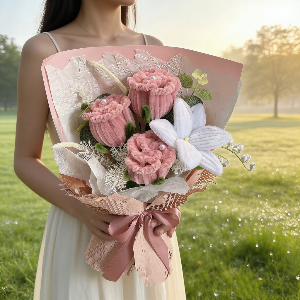 40cm扭扭棒玫瑰百合花束（藕粉玫瑰）,純花束（無提袋／無燈串）