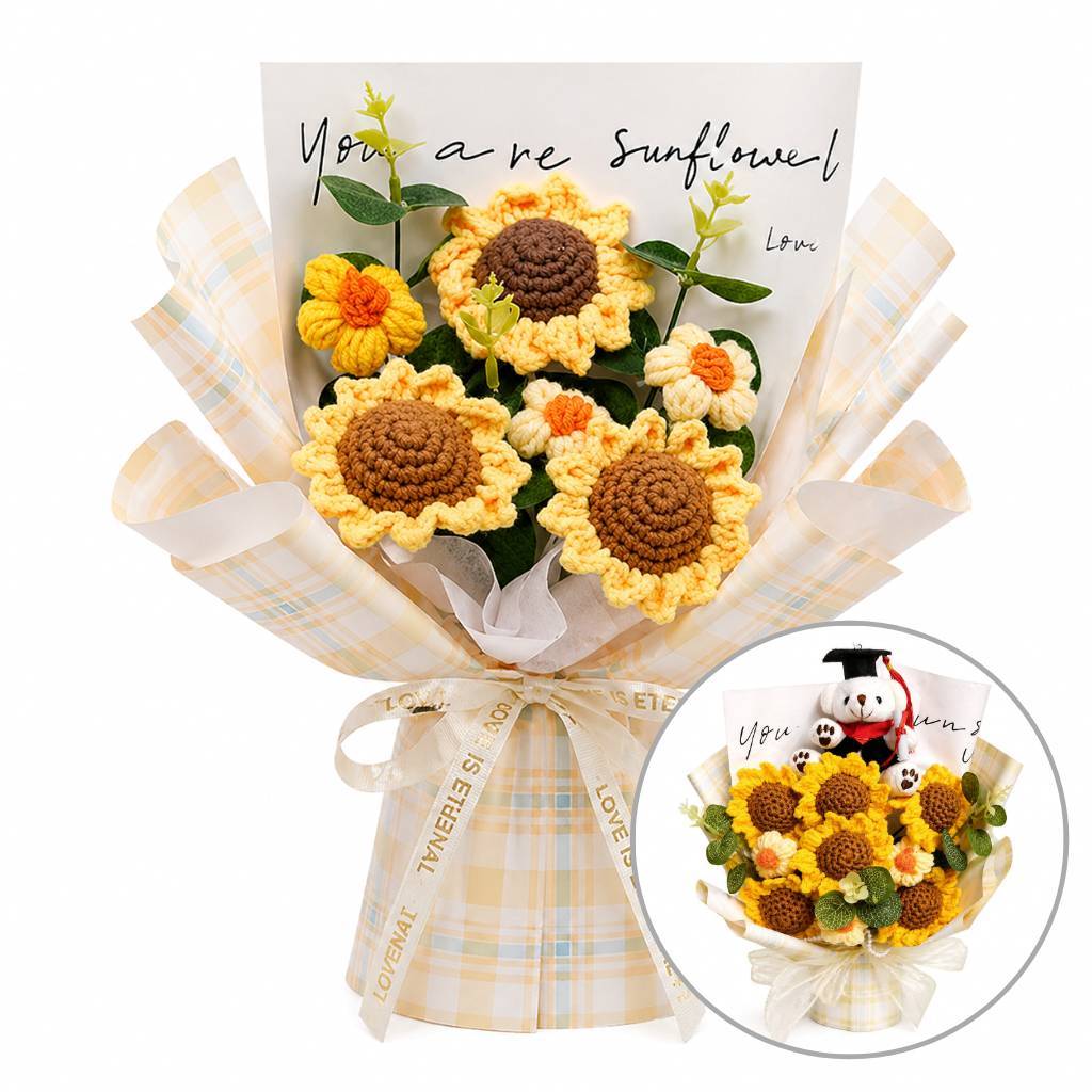 【向日葵雛菊花束】35cm三朵六朵香檳格紋英文包裝祝福花禮 畢業季生日送禮 畢業坐熊提袋燈串可選