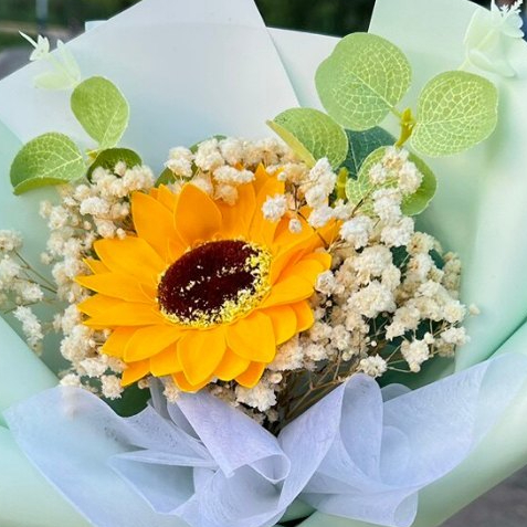 台灣現貨【單支向日葵花束】25cm綠色清新系祝福花禮 畢業季生日送禮 透明提袋燈串可選 拍照打卡桌面擺飾
