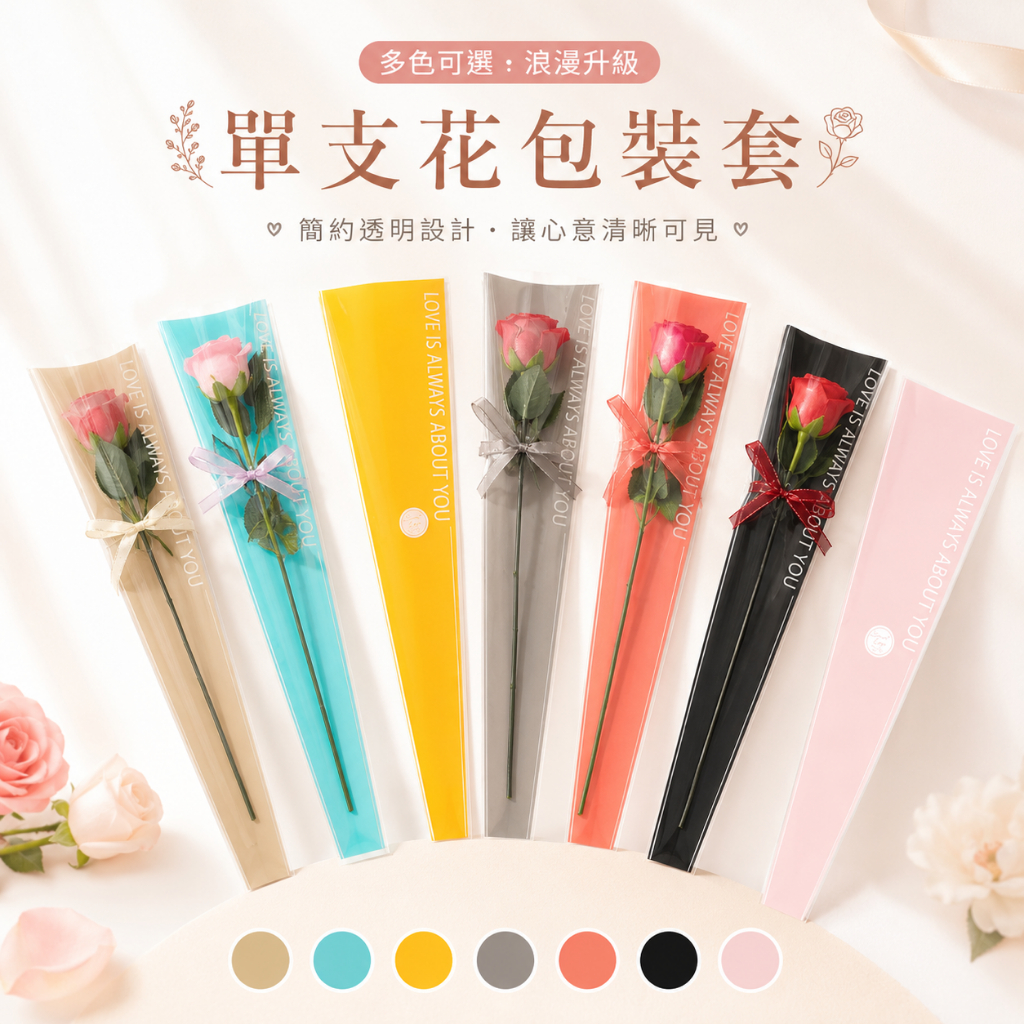 台灣現貨【甜蜜英文鮮花袋】韓風半透明OPP三角花套 單支玫瑰小花束包裝 花店送禮耗材