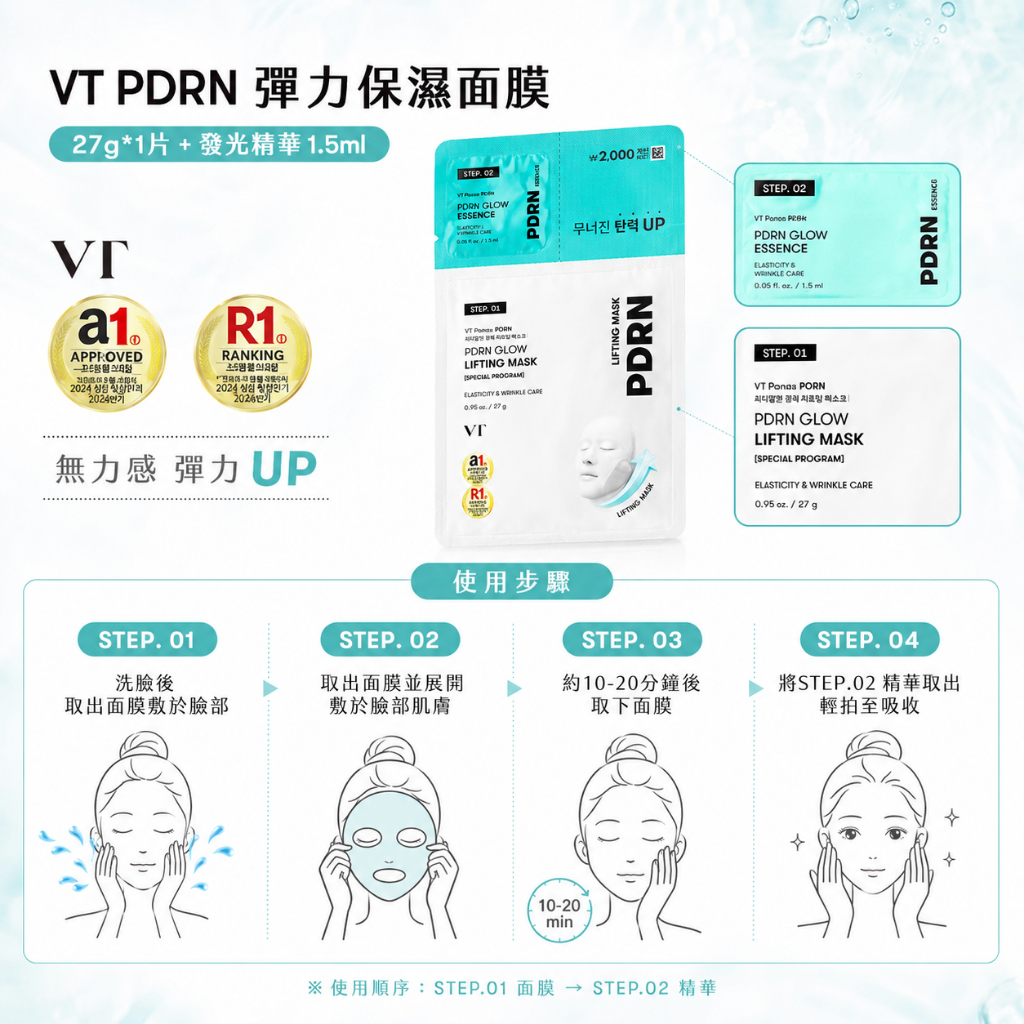 VT PDRN 彈力保濕面膜 27g*1片+發光精華1.5ml