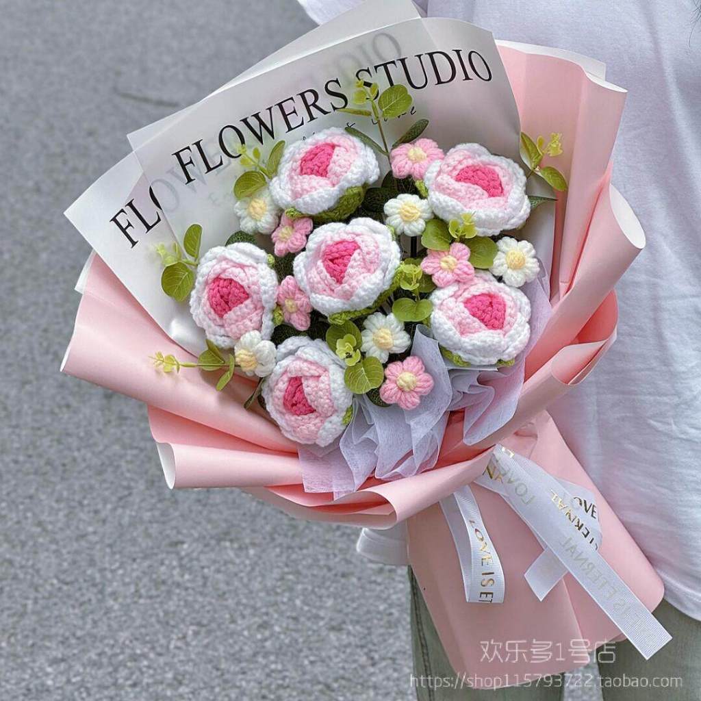 40cm六朵針織玫瑰雛菊花束(粉色),純花束（無提袋／無燈串）
