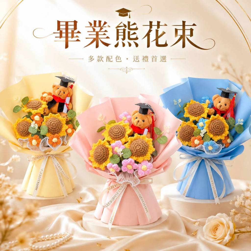 台灣現貨【畢業熊花束】35cm三朵小向日葵坐姿畢業熊花束 櫥窗提袋燈串 畢業季拍照送禮 畢業花束 謝師禮物 生日禮物