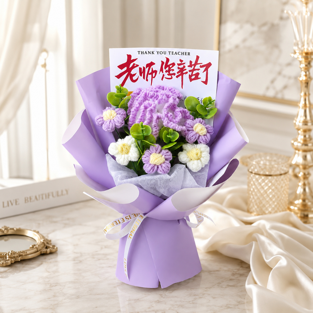 台灣現貨【康乃馨針織花束】25cm粉紫香檳康乃馨毛線花束 送老師畢業禮物 閨蜜送禮 櫥窗提袋燈串 畢業花束 生日禮物
