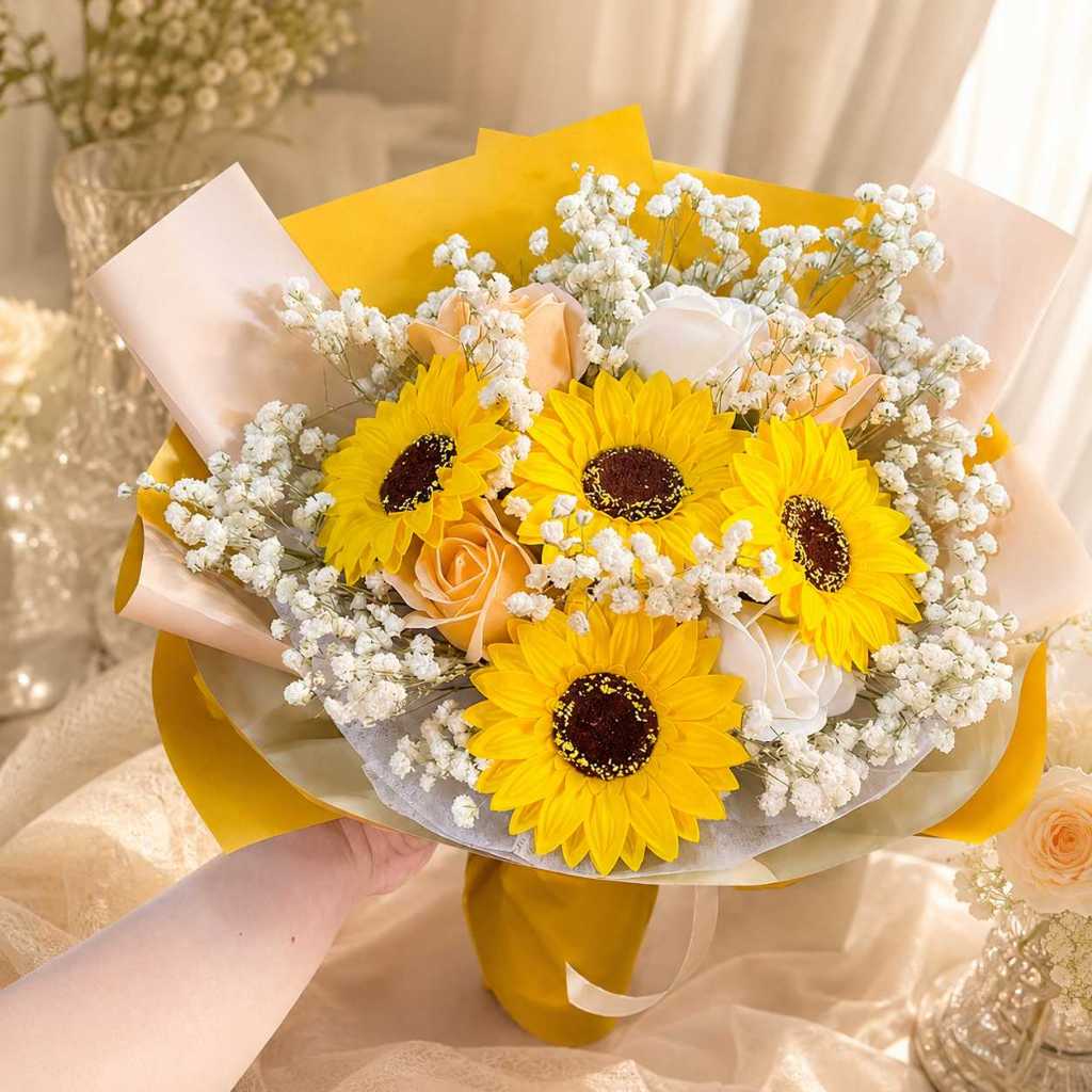 台灣現貨【35cm香皂玫瑰向日葵花束】香皂玫瑰花束, 向日葵花束, 滿天星花束, 卡斯星辰花束, 35cm花束, 生日送