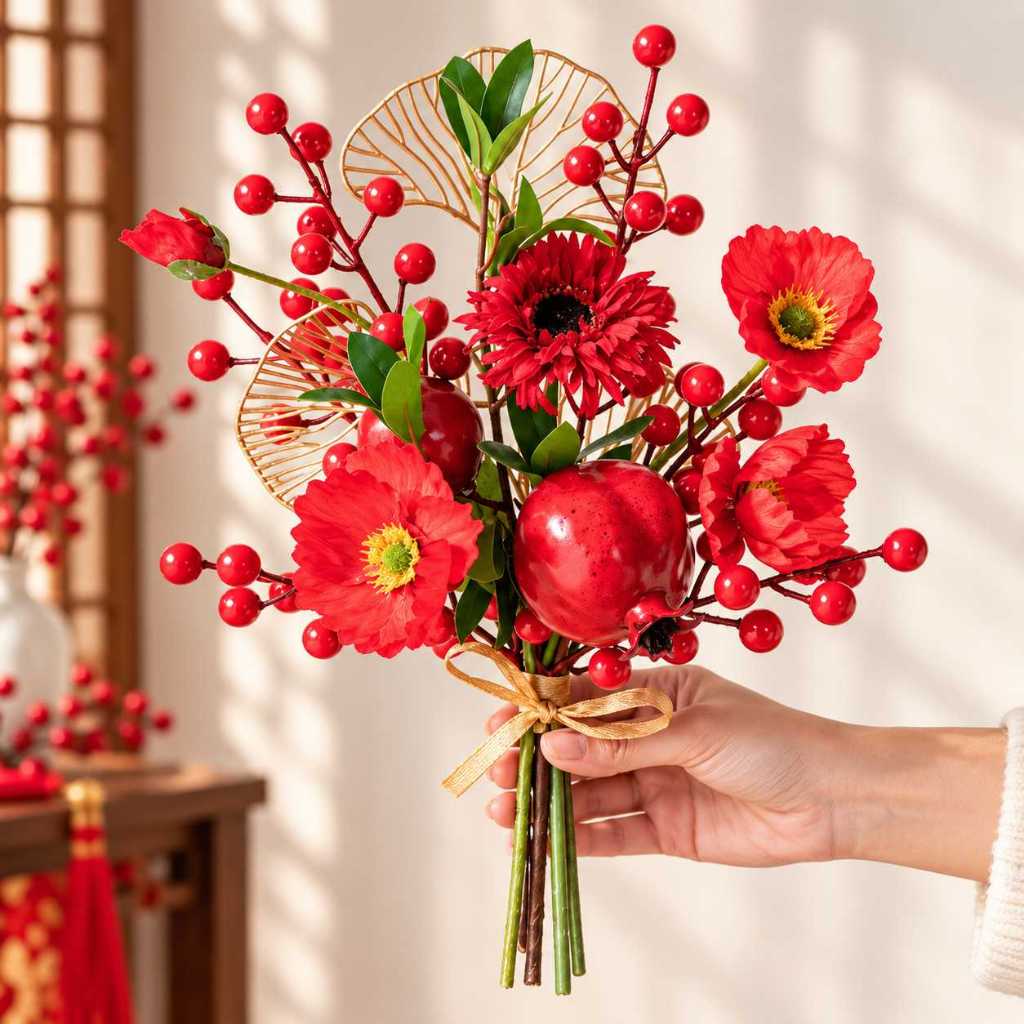 台灣現貨【新年紅果小花束】新年紅果花束, 新年小花束, 紅果花束, 石榴花束, 高粱花束, 大麥花束, 香皂玫瑰花束