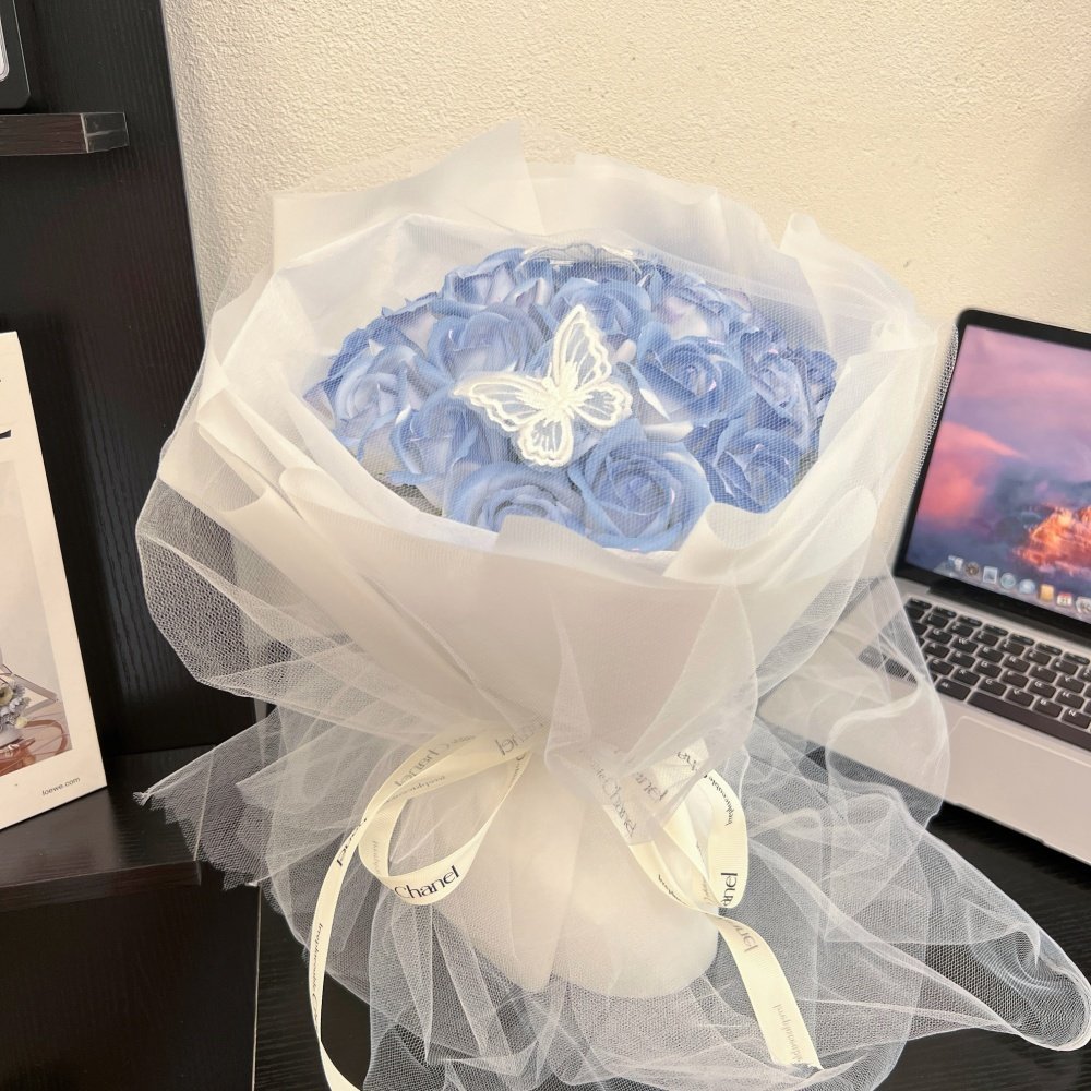 20 朵｜網紗碎冰藍玫瑰,純花束（無提袋／無燈串）