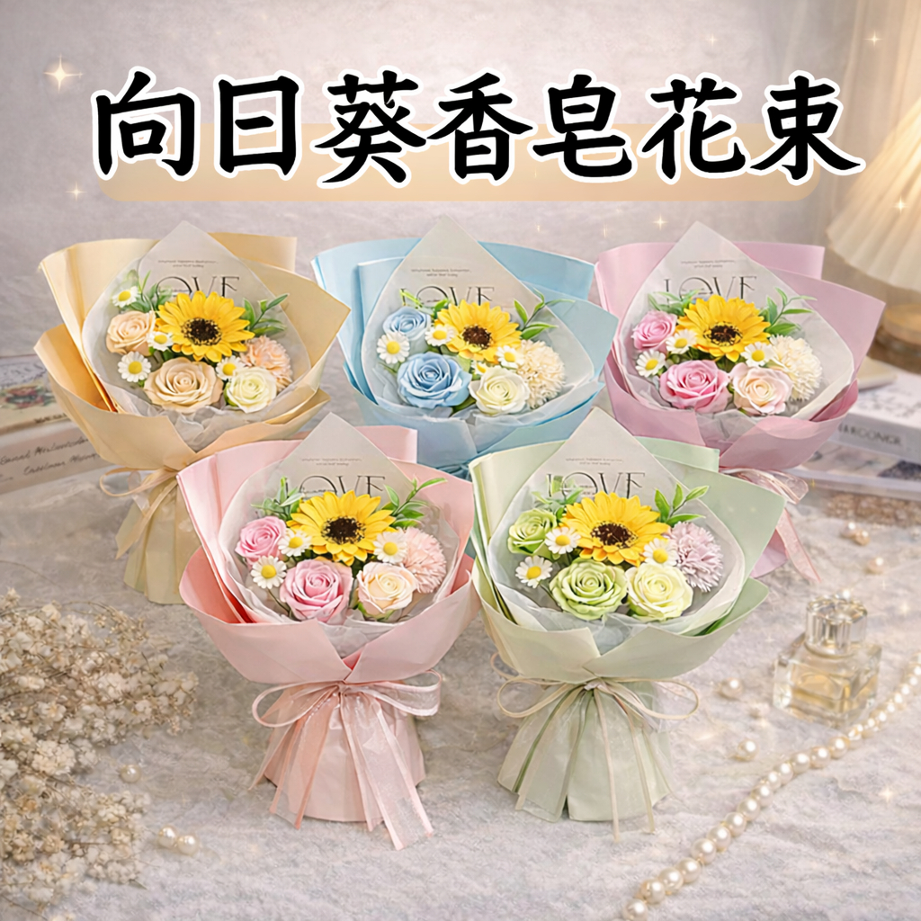 台灣現貨【向日葵香皂花束】康乃馨玫瑰搭配成品花束 教師節母親節畢業送禮 提袋燈串拍照 母親節花束 送媽媽