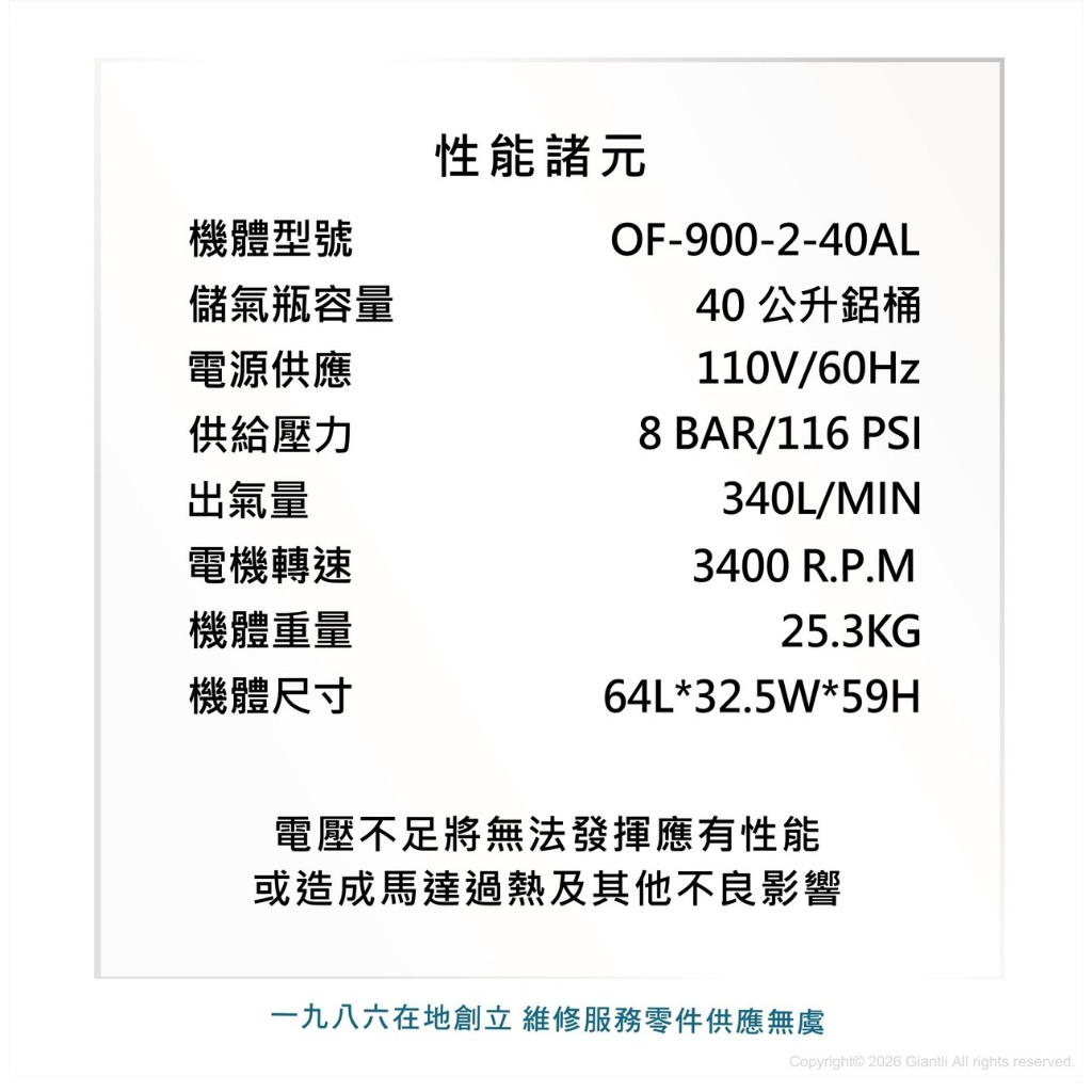 手開發票 風霸OF-900-2-40AL鋁桶5HP40L航空母艦級無油空壓機支援110V內建調壓器 電壓顯示 商品圖片 7